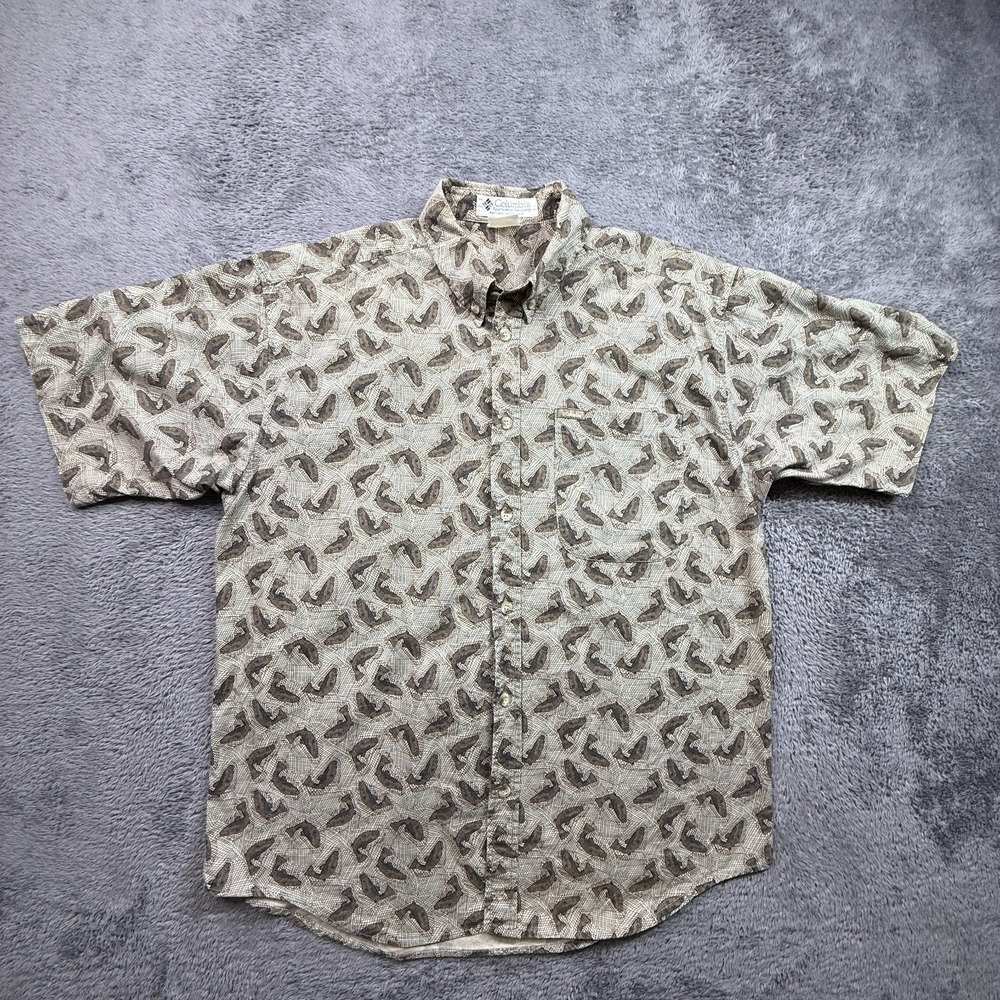Vintage Columbia Button Up Shirt Fishing Fish AOP Salmon Trout Mens L Collared